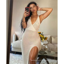 Evening See Through V Neck Split Summer Dress Women Clothing Beach Maxi Backless Dress Sexy